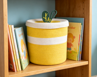 Panier de rangement en corde de coton en gros avec couvercle, bac de rangement rond pour jouets d'enfants, organisateur tressé jaune et blanc pour chambre d'enfant et chambre à coucher
