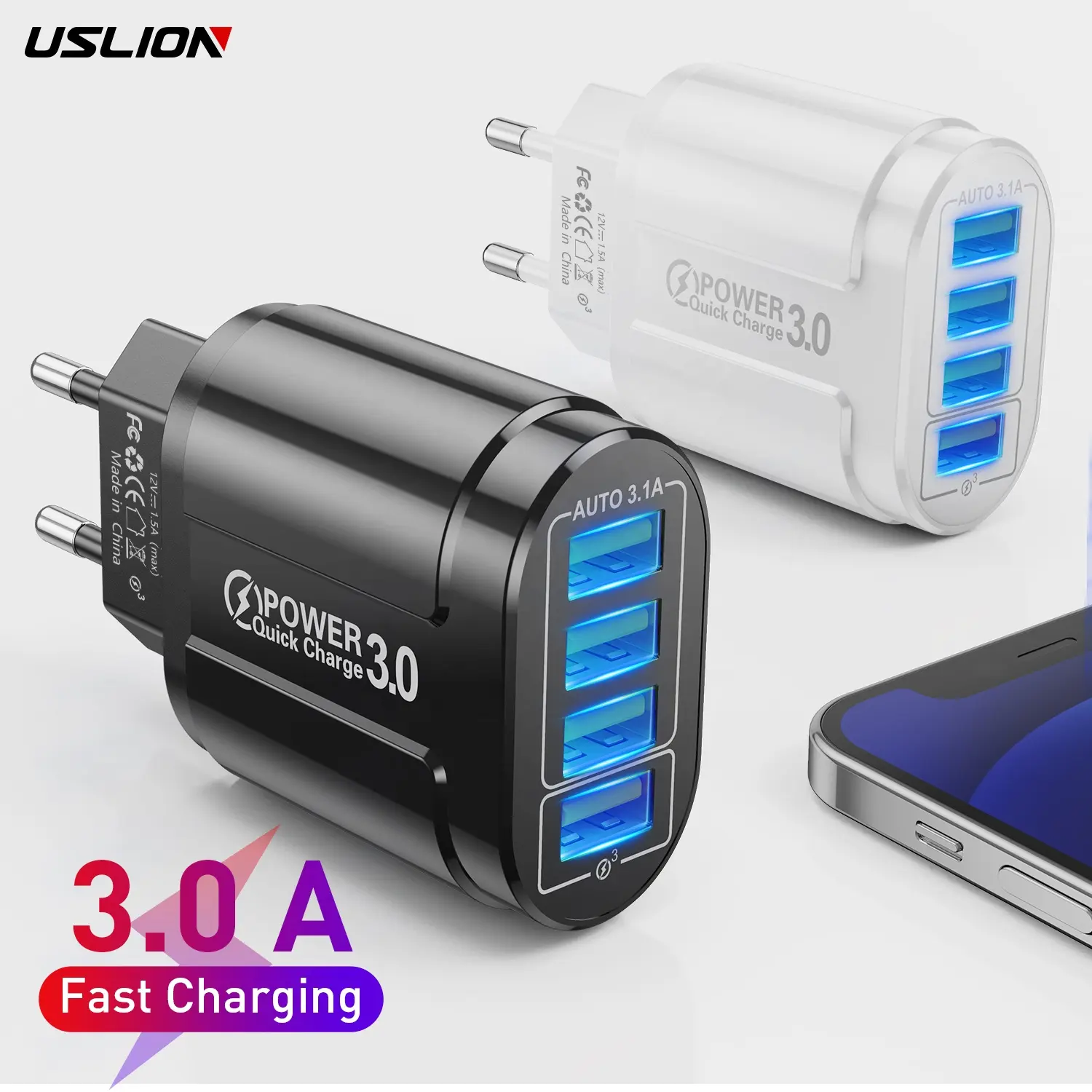 USLION Custom logo 4 Ports 48W Mobile Phone Travel Charger Quick 3A Fast Charging Wall Charger for iPhone Samsung USB Charger