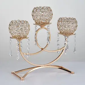 Bougeoirs votifs à 3 bras en cristal doré pour centres de table de décoration de mariage