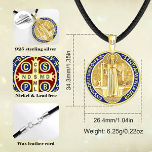 Merryshine S925 plata esterlina protección mágica fe religiosa <span class=keywords><strong>San</strong></span> St Saint Benedict moneda <span class=keywords><strong>medalla</strong></span> colgantes collares para hombres - Product Image 2
