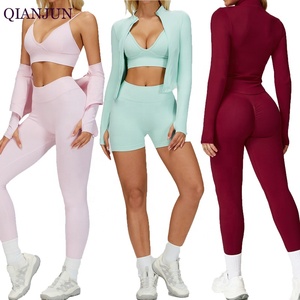 Conjunto Deportivo de 4 Piezas para <span class=keywords><strong>Mujer</strong></span> con Logotipo Personalizado, Sujetador Deportivo con Orificios para los Dedos, Chaqueta con Cierre, <span class=keywords><strong>Ropa</strong></span> Deportiva, <span class=keywords><strong>Ropa</strong></span> Activa para Gimnasio - Product Image 1
