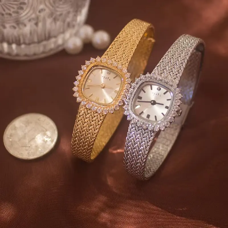 Reloj de lujo con diamantes para mujer, pulsera elegante con esfera de corona dorada, regalo para amantes, banda de Latón chapado en oro de 24K, cuarzo de alta calidad, 2023