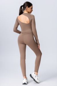 2 Piece Yoga Set Scoop Neck Long Sleeve High Waist Full Length Leggings Solid Color Seamless Spandex Polyester - Product Image 5