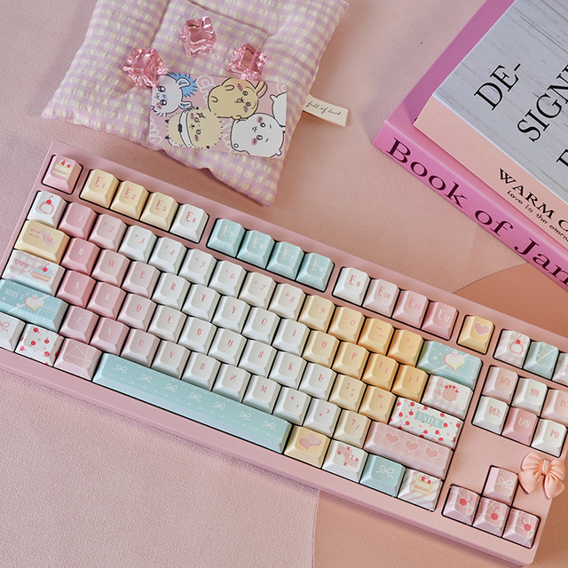 Custom PBT Dye Sublimation Keycaps Set Pastel Pink Cute Cartoon Heart Bow Mechanical Keyboard Keycaps
