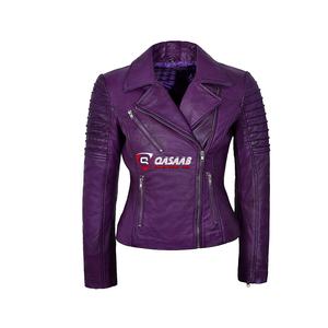 Lady Fashion Cuir d'agneau véritable Coton Fermetures à glissière Femmes Automne Hiver Vestes courtes imperméables en cuir avec poches - Product Image 1