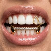 Meilleures ventes : Ensemble de grillz punk en zircon doré, plaqué argent/or, avec motifs cœur, trèfle, crocs creux, bijoux corporels tendance pour Halloween