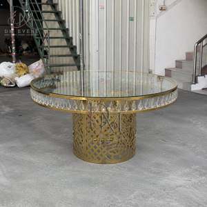 Table de banquet ronde en acier inoxydable doré avec base en treillis diamanté et plateau en verre trempé miroir pour hôtels (vente en gros) - Product Image 3