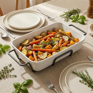 Bandeja Rectangular <span class=keywords><strong>para</strong></span> <span class=keywords><strong>Hornear</strong></span> de Porcelana Blanca de 12 Pulgadas con Rejilla Metálica Plateada y Negra, Estilo Vintage, Juego de Bandejas <span class=keywords><strong>para</strong></span> Asar de Cerámica - Product Image 5