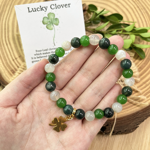 Gaya Boho empat daun semanggi liontin 8mm batu akik putih alami & lumut batu akik manik-manik beruntung gelang untuk wanita - Product Image 6
