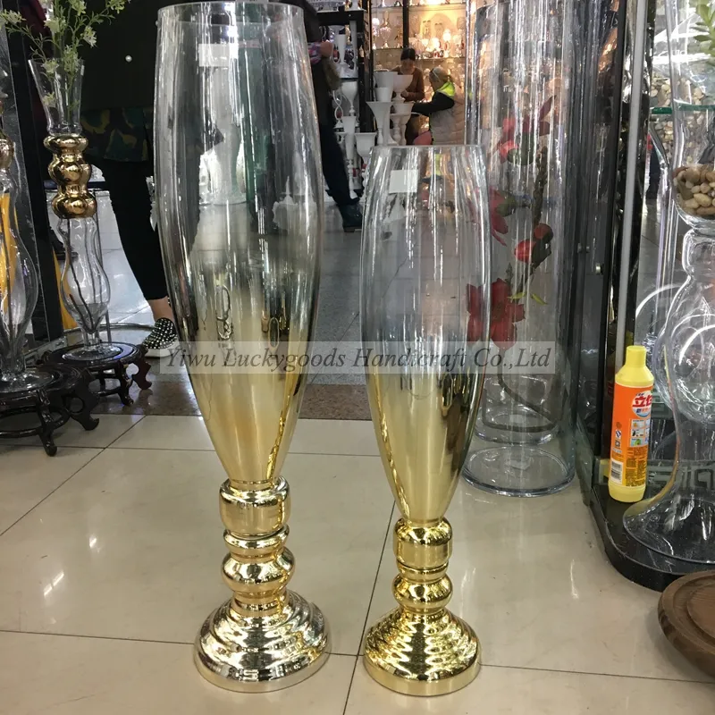 LHP030 Offre Spéciale pas cher Grand Vases en verre doré Supports à fleurs Décoration de table de mariage