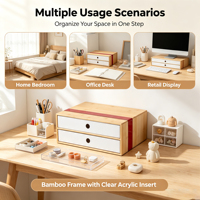 Organizador de Escritorio de Bambú, Gabinete de Almacenamiento con Detalles Acrílicos, Caja de Almacenamiento para Suministros de Oficina, Joyería, Cosméticos, Hogar