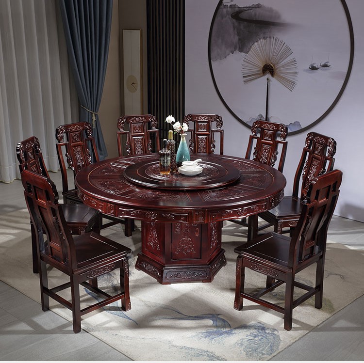 Nouvelle table de salle à manger chinoise antique en bois massif avec plateau tournant table ronde en chêne et combinaison de chaises