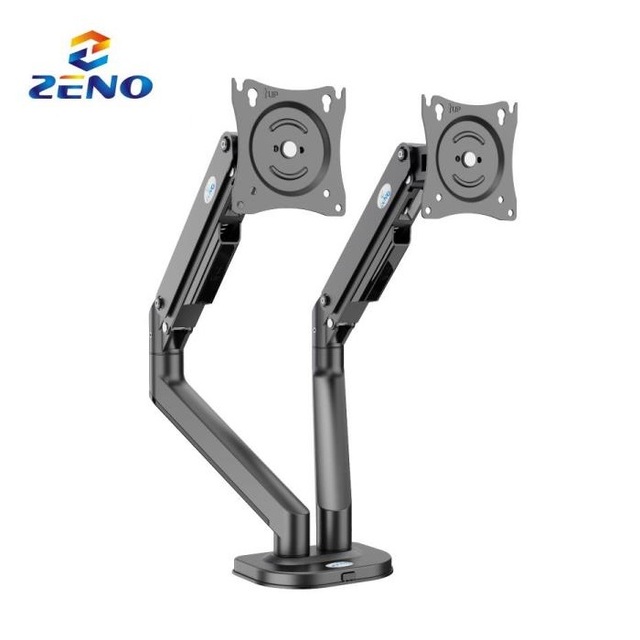 Mechanical Spring Dual Monitor Arm, 17-32 inch 9kg per Arm, Full Motion ±70°/360°, Desk Clamp/Grommet Mount, OEM Factory