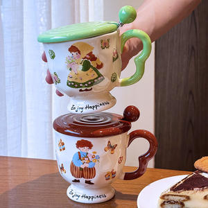 Taza de café de cerámica con tapa y cuchara, diseño de dibujos animados, para desayuno, uso doméstico, juego de una sola taza - Product Image 4