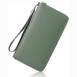 Wholesale Women Wallet RFID Blocking Leather Zip Wallet Clutch Bag Large Capacity Green Long Purse Clutch