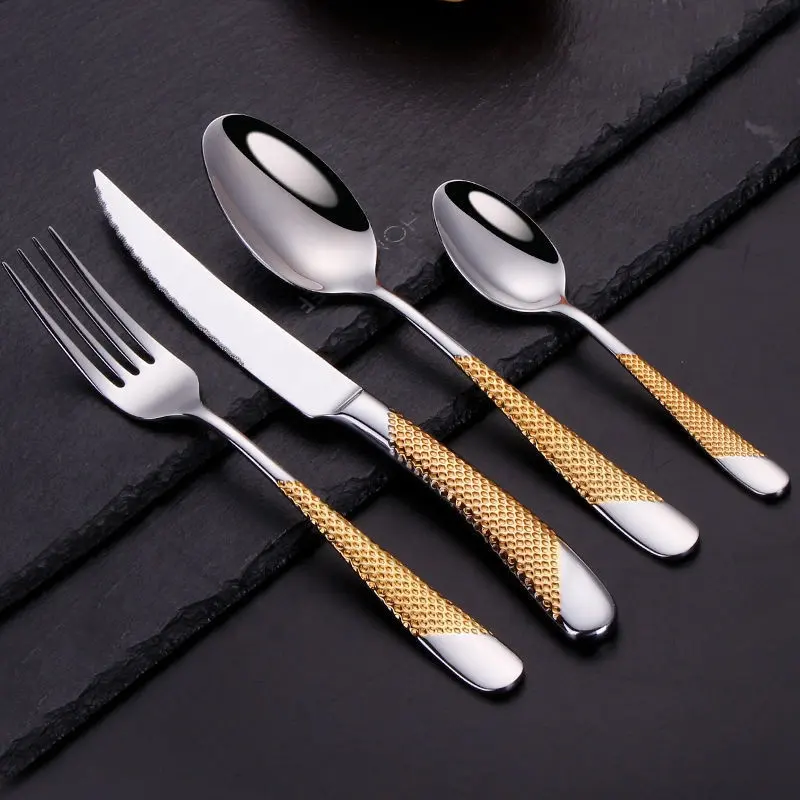 Stainless Steel Dinner Knife Fork Cutlery Set Service Silverware Flatware Fashion Golden Dinnerware