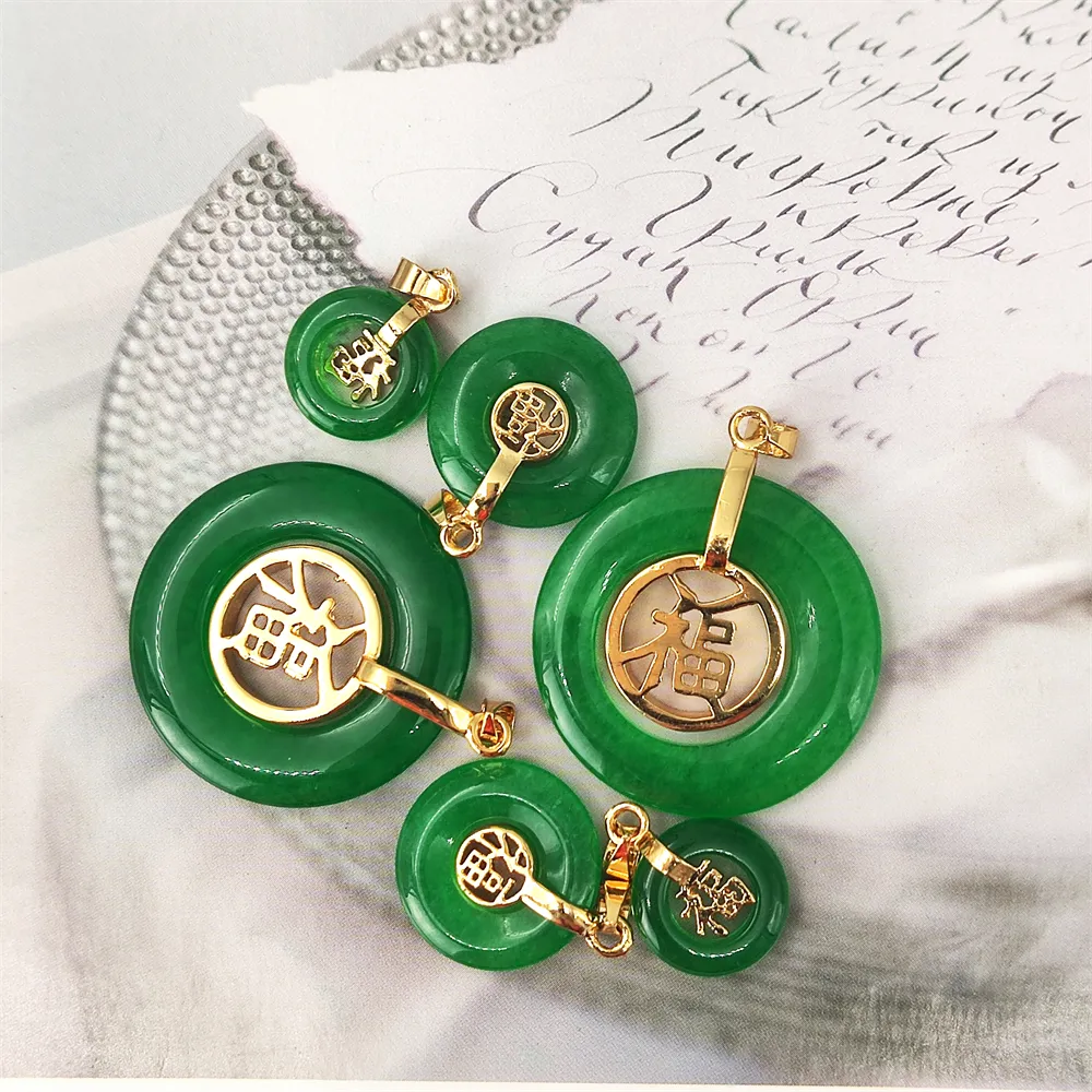 Round donut pendant real natural jade lucky blessing chinese fu character pendant hollow unisex crystal lucky charm for necklace