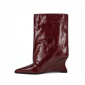 Nouveau à la mode femmes surdimensionné large mollet bottines sculptural talon compensé pierre PU bout pointu Styles européens - Product Image 3