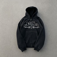 Sudadera con capucha personalizada de 460GSM con costuras en contraste, bordado de contorno de grafiti negro, tirador de cremallera con estrella, estilo urbano, fabricante OEM ODM