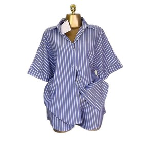Women's Blue and <b>White</b> Striped Loose Shirt High Waisted Wide Leg Shorts Casual <b>2</b> <b>Piece</b> <b>Set</b> Fashion - Product Image 4