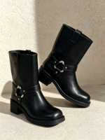 Bottes mi-mollet noires à bout carré, bride métallique, talon carré bas, style moto, pour femme, automne-hiver, chaussures de ville, OEM ODM