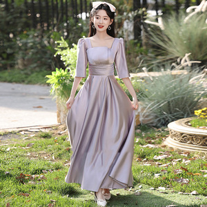 Bridesmaid Dress Purple Satin A-Line Sweetheart Neckline Natural Waist Long Gown For Wedding Sister Graduation - Product Image 3