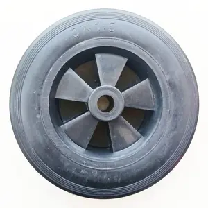 5 inch 125x40mm solid rubber wheel with steel rim or plastic hub, 12 or 16mm ball bearings, flat free, 80kgs capacity