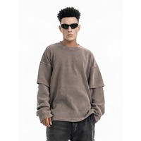 Camiseta de manga larga para hombre, estilo streetwear, vintage, lavada, de punto gofrado, de doble capa, personalizada