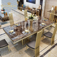 Table à manger moderne de luxe en marbre imperméable, avec pieds en acier inoxydable doré, 6 chaises, mobilier de restaurant