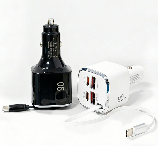 5-in-1 90W USB-C Car Charger PD30W Fast Charging Cigarette Lighter Adapter with Retractable Cable for Phone Tablet
