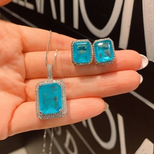 Wholesale Fashionable Jewelry Eco-friendly Copper 12*16/9*12mm Pariba Blue Cubic Zirconia Pendant and <b>Earring</b> <b>Set</b> for Women - Product Image 1