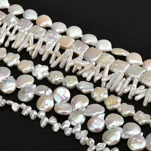 Direct sales big size freshwater pearls in strands , Wholesale natural freshwater baroque pearls coin shape