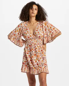 V-Neck Boho Print Short Lady Dress Summer Women Fashion Ruffle High Waist Rompers Beach Holiday Wear