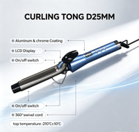 Fer à boucler professionnel LED 25 mm réglable avec poignée en plastique pour salon, hôtel et coiffure à domicile 2026
