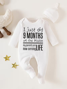 Conjunto de 2 Peças: Macacão Bebê Branco Puro e Touca de Bebê, Roupa de Engatinhar Infantil Manga Longa com Gola Envelope e Fecho de Botão de Pressão na Virilha - Product Image 2