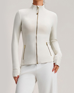 Jaket Yoga ritsleting emas wanita, jaket olahraga Fitness Gym bernapas cepat kering ritsleting emas spandeks kerah berdiri pas badan - Product Image 6