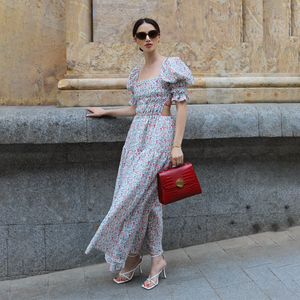 Fabricant de robe longue à imprimé floral pour femmes tenue décontractée élégante manches bouffantes dos ouvert découpe taille tissu tissé à volants - Product Image 1