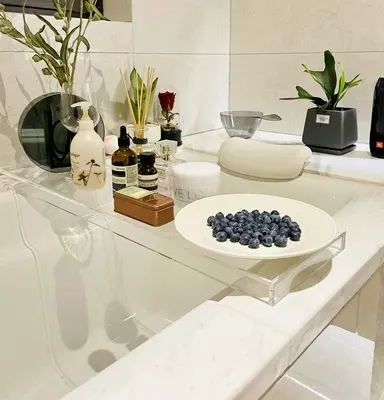 Custom Hotel Bathroom Bath Suite Bathtub Table Transparent Plastic Mobile Phone Food Cup Groove Tray