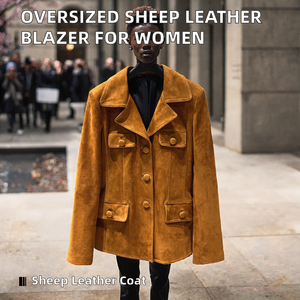 <b>Women</b> Sheep <b>Leather</b> Blazer <b>Jacket</b> Solid <b>Brown</b> Single Breasted Turn-down Collar Regular Fit for Autumn Spring - Product Image 2