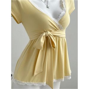 Women's Y2K Lace Peplum Top <b>Bow</b> Tie Front Wrap V Neck Short Sleeve Satin Blouse Everyday Wear - Product Image 5