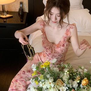 Vestido de Verano Estilo Francés con Cuello en V, Floral, de Gasa, Rosa, Cintura Ajustada, Falda Larga, Secado Rápido, Estilo Línea A, para la Playa - Product Image 3