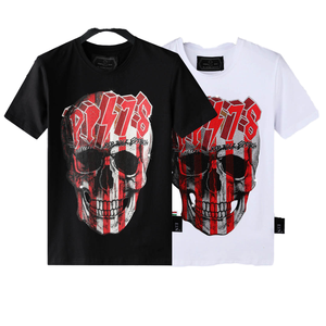 เสื้อยืดลำลองสไตล์ใหม่ประจำฤดูร้อนปี 2026 ผ้าฝ้ายแท้ คอกลม ทรงเข้ารูป ประดับเพชรพลอย คุณภาพสูง ลายหัวกะโหลก น้ำหนัก 180 กรัม - Product Image 1