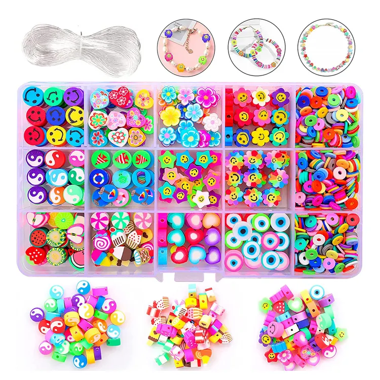 1140Pcs Flower Smiley Face Beads Polymer Clay Bead Kit Include y2k Mixed Fruit Spacer Trendy Beads for Jewelry Making