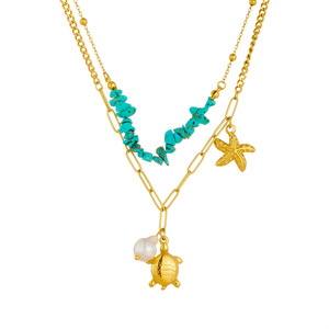 Fashion Layered Necklace Zinc Alloy Turtle Starfish Blue Pebble Pearl Design Animal Pattern N3328 - Product Image 4