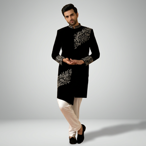 NEW-BEAUTIFUL-EMBROIDERY on GROOM BLACK SHERWANI & WHITE <b>PANT</b> Men's Suits & Blazer>Men's Suits - Product Image 5