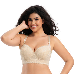 Lingerie sexy en dentelle sans couture de grande taille pour femmes froncées avec des <span class=keywords><strong>seins</strong></span> anti-affaissement et des jantes en acier soutien-gorge à boucles dans le dos en V profond - Product Image 1