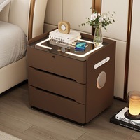 Table de chevet moderne en bois avec haut-parleurs à chargement sans fil LED, 3 tiroirs de rangement, design flottant en cuir blanc et gris pour chambre à coucher