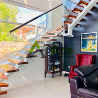 Escalier moderne de luxe volant lumineux flottant escalier droit bande de roulement en bois escalier intérieur