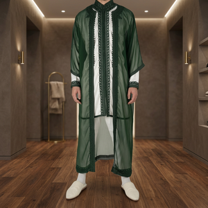 Djellaba Marroquí Verde, Túnica Holgada de Manga Larga de Seda para Hombre, Túnica de Oración para el Eid, Antiarrugas, Bordada, Prenda Tradicional Musulmana - Product Image 2