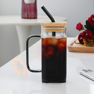 Offre Spéciale tasses à eau en verre borosilicaté de forme carrée pour café et thé au lait avec couvercle et <span class=keywords><strong>paille</strong></span> - Product Image 4